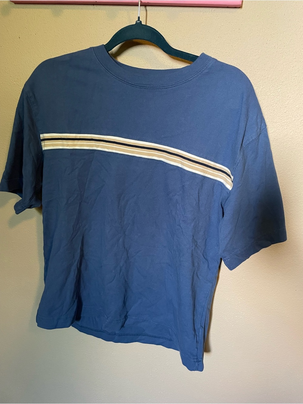 Aeropostale Navy Tee with Cream and Tan Chest Stripes